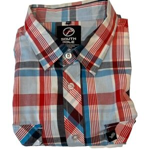 South Pole Button Up 4XL Blue Red Plaid Shirt Button Pocket Flaps Skater Hip Hop